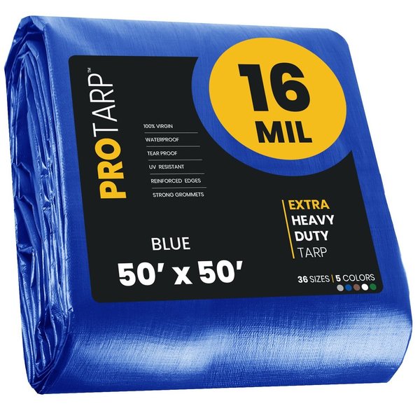 Protarp 50 ft x 50 ft Heavy Duty 16 Mil Tarp, Blue, Polyethylene PT-105-50X50